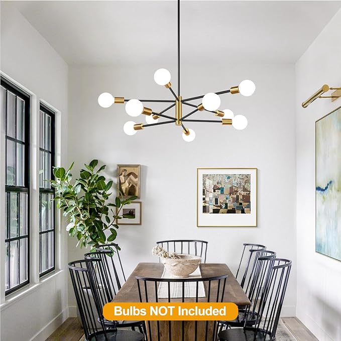 32" Modern Chandelier Ceiling Light Fixture, 10-Light Sputnik Chandeliers Brushed Gold and Black Dining Room Light Fixture, Height Adjustable Chandeliers for Dining Room Living (Bulbs Not Included)