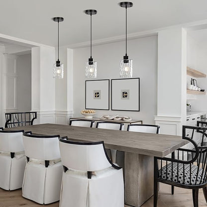 3 Pack Black Modern Pendant Light Fixtures, Adjustable Hanging Lighting with Hammered Glass Lampshade, Black Kitchen Island Pendant Lights for Dining Room Kitchen Living Room Bedroom Foyer
