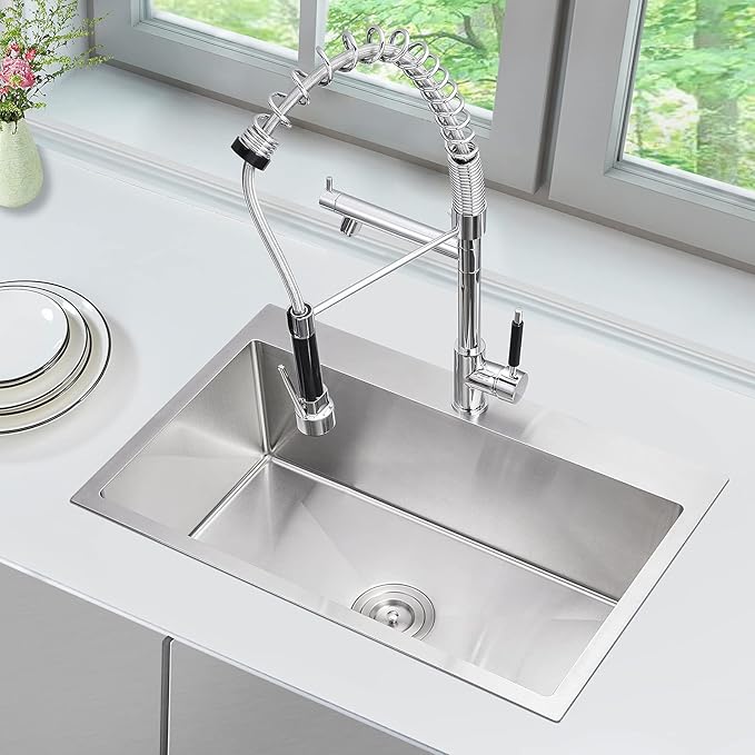 MENATT 28 Inch Drop-in Kitchen Sink, 304 Stainless Steel Topmount Handmade Kitchen Sink, Single Bowl Workstation Sink with Drain Kit (Brushed), 28"x18"x9"