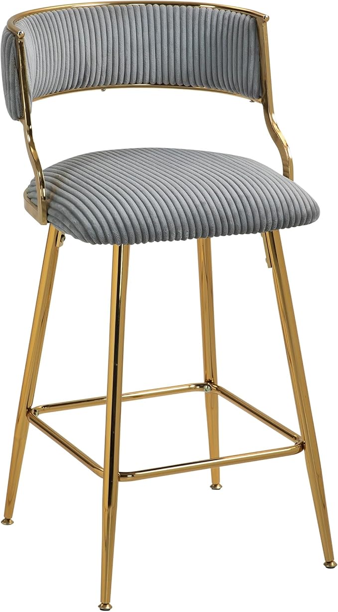 (Set of 2) 26'' Counter heightstools Corduroy Kitchen Island Counter Stool with Back,Golden Chromed Base and footrest,for Living Room