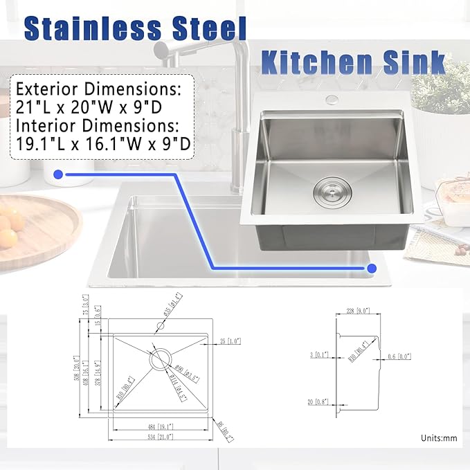 21x20 Drop In Bar Sink with Faucet - 21 Inch Small Stainless Steel Bar Sink Drop In and Faucet Combo, 9 Inch Deep Workstation Single Bowl Kitchen Sink with Accessories
