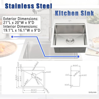 21x20 Drop In Bar Sink with Faucet - 21 Inch Small Stainless Steel Bar Sink Drop In and Faucet Combo, 9 Inch Deep Workstation Single Bowl Kitchen Sink with Accessories