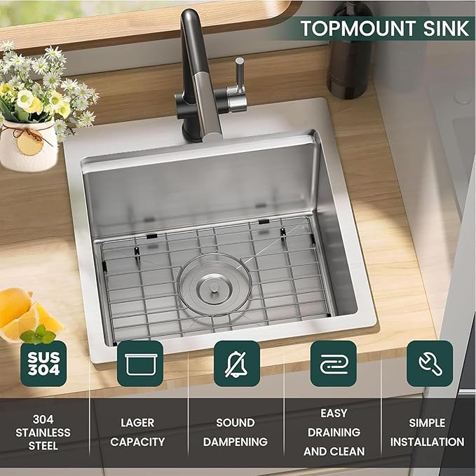 IKEBANA 15x15 Inch Bar Sink Drop in, Brushed Nickel Topmount Small Kitchen Sink, Single Bowl Handmade16 Guage T-304 Stainless Steel Workstation Kitchen Sinks, Outdoor RV Prep Wet Bar Sinks