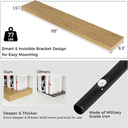 Venusmiles Floating Shelves for Wall, Engineered Wood Wall Shelves with Invisible Brackets for Living Room Bedroom Bathroom Office Kitchen Decor and Storage (Oak, 55" W x 9" D x 1.5" H) Set of 1