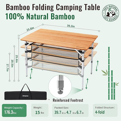 KingCamp Bamboo Folding Camping Table Adjustable. Supports 176lbs with A Premium Bamboo Top and 3 Adjustable Heights, Ideal for Stable Dining or Cooking at Picnics, RVs, and Glamping Sites