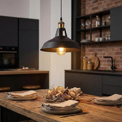 Black Industrial Farmhouse Pendant Light 1m Adjustable Cord, Vintage Barn Metal Hanging Lamp Fixture, Rustic Retro Ceiling Lighting for Kitchen Island Dining Bar Loft E26 (Black)