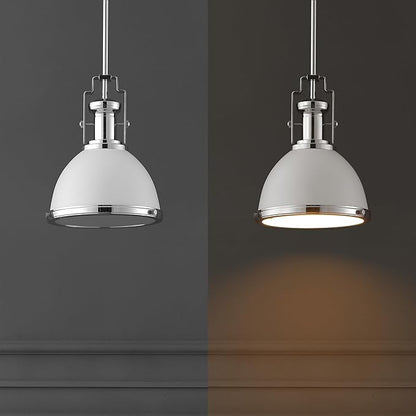 JONATHAN Y 10" Chrome/White Modern Industrial Iron LED Dome Pendant Light, Adjustable Hanging Fixture for Kitchen Island or Entryway, Black Metal Shade, LED Bulb Included (JYL9535C)