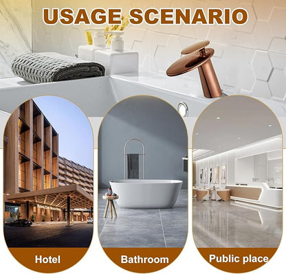 Wovier Rose Gold Waterfall Bathroom Sink Faucet,Single Handle Single Hole Brass Lavatory Vanity Faucet,Slanted Body Basin Mixer Tap with Supply Hose and Pop Up Drain Assembly