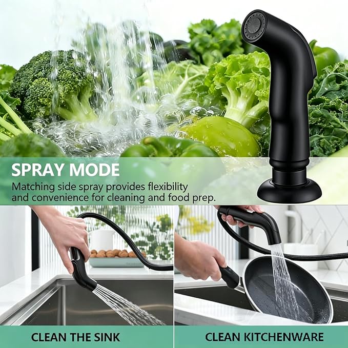 Modern 2 Handle Kitchen Sink Faucet with Side Sprayer, High Arc 360 Swivel Stainless Steel 3 or 4 Hole Kitchen Faucet for Rv Camper Laundry Utility Bar Sinks, Matte Black
