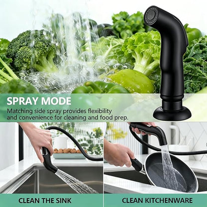Modern 2 Handle Kitchen Sink Faucet with Side Sprayer, High Arc 360 Swivel Stainless Steel 3 or 4 Hole Kitchen Faucet for Rv Camper Laundry Utility Bar Sinks, Matte Black