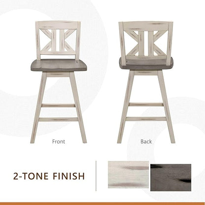 Lexicon Counter Height Stools Set of 2-Solid Wood Frame 360° Swivel Wooden Stools, Foot Rest, KK Back, Wide Seat, Distressed Farmhouse Easy to Clean Finish, 24" SH, Antique White/Grey