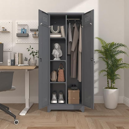 Broom Closet Storage Cabinet, Steel Locking Cabinet with Hanging Rod, 65" Cleaning Storage with Doors and Hooks, Tall Broom Tool Cabinets for Office, Garage
