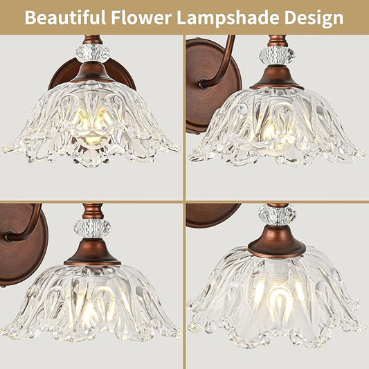 1-Piece Antique Red Bronze Vintage Wall Sconce with Floral Clear Glass Shade, Farmhouse Wall Mount Lighting for Bathroom,Vintage Bathroom Vanity Light Fixtures