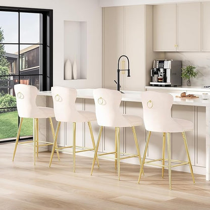 Bar Stools Set of 2, Velvet Counter Height Bar Stools with Metal Legs, Button Tufted and Nailheads Trim, Wing Back Bar Chairs for Kitchen Island Dining Room Pub, Beige