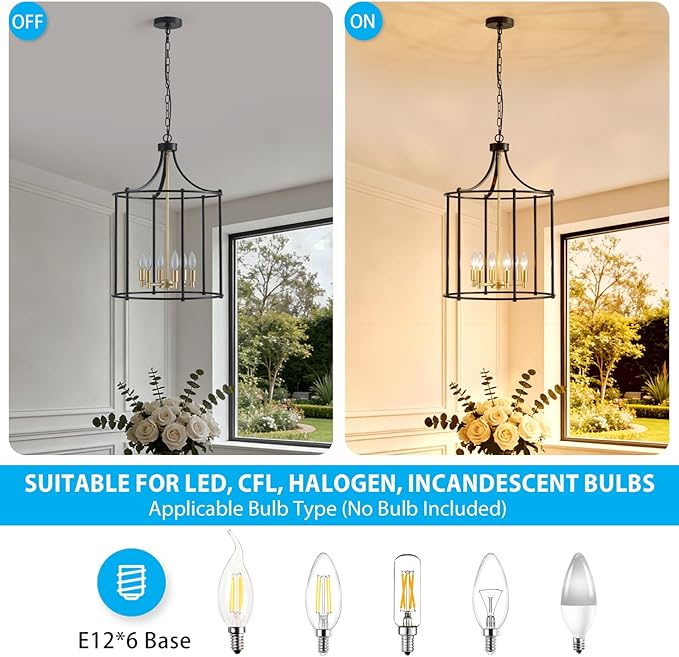 XINGQI 17.7" Lantern Pendant Light Modern Geometric Hanging Chandelier Black and Gold 6 Lights Adjustable Height Cage Pendant Lighting Fixture for Dining Room Living Room Kitchen Entryway Hallway