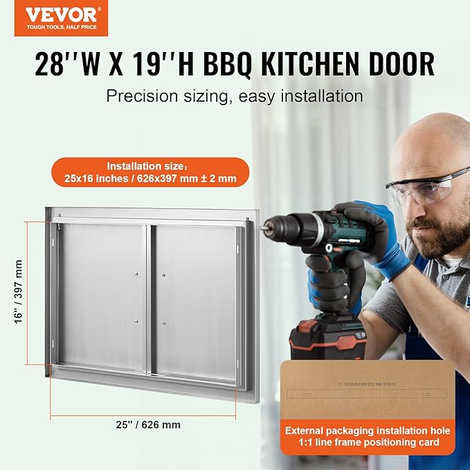 VEVOR BBQ Access Door, 28W x 19H Inch Double Outdoor Kitchen, Stainless Steel Flush Mount, Wall Vertical with Handles, for BBQ Island, Grilling Station, Outside Cabinet