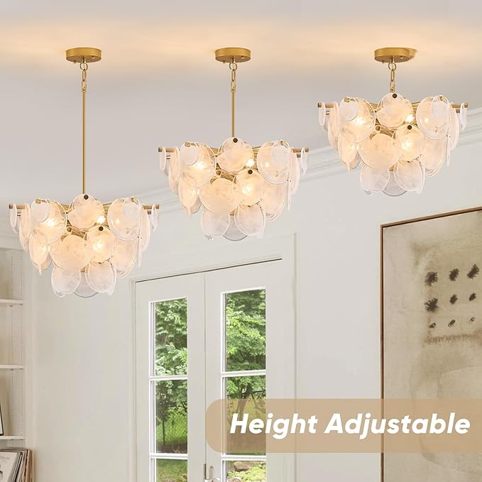 Gold Chandelier for Bathroom Alabaster Dining Room Light Fixture Modern Glass Chandeliers for Bedroom Living Room Kitchen Entryway Stairway and Foyer（Vintage capiz）
