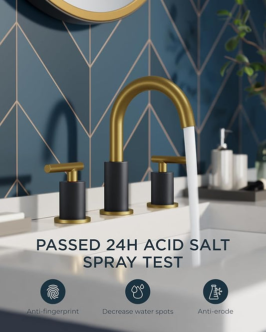 FORIOUS Black and Gold Bathroom Faucet 3 Hole with Pop Up Drain and 24 in Supply Line, 2 Handle Modern Bathroom Vanity Faucet Widespread 8 inch with 360 Degree Swivel Gooseneck, for 6" to 12" Basin