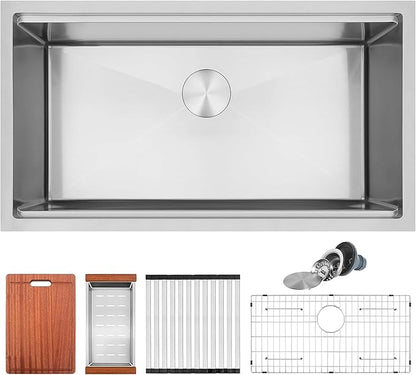 Stainless Steel Undermount Kitchen Sink, 16 Gauge T-304S Workstation Sinks with Accessories, 33" x 18" x 10" Large and Deep Single Bowl Kitchen Sink For Home & Kitchen, Outdoor