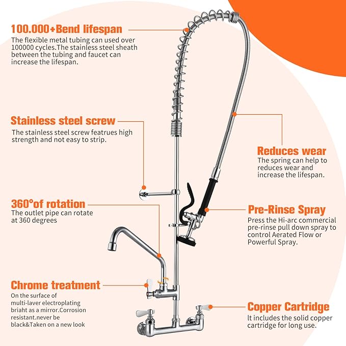 47" Height Commercial Kitchen Sink Faucet Wall Mount with Pre-Rinse Sprayer, 8 inch Center Wall Mount Faucet with Spring Pull Down Sprayer and 12" Add-on Spout for Restaurant