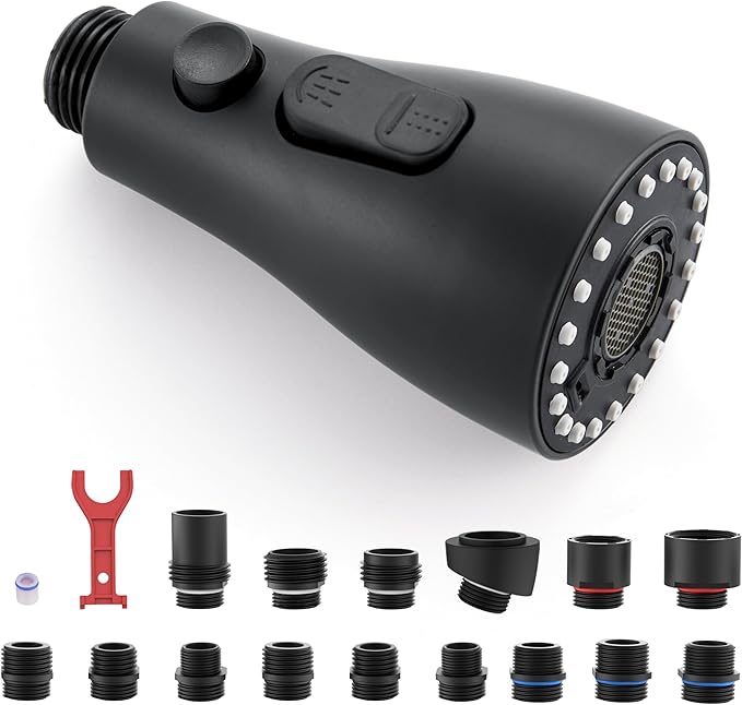 Pull Down Kitchen Faucet Sprayer Head Replacement Part with 15 Connectors, 3 Function Pull Out Sink Sprayer Replacement Nozzle, Kitchen Faucet Head Hose Spray Tap Spout, Matte Black