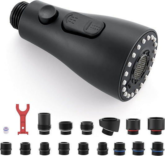 Pull Down Kitchen Faucet Sprayer Head Replacement Part with 15 Connectors, 3 Function Pull Out Sink Sprayer Replacement Nozzle, Kitchen Faucet Head Hose Spray Tap Spout, Matte Black