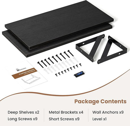 Axeman Floating Shelves for Wall, 16''W x 8''D Black Floating Shelves Set of 2, 8 Inch Deep Wall Shelves for Bookshelf Living Room Bedroom Home Office Bathroom