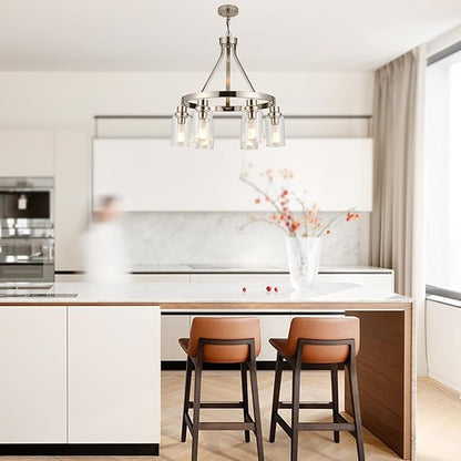 Brushed Nickel Chandeliers 6 Light Modern Dining Room Lighting Fixtures Hanging, Kitchen Island Linear Pendant Lights Farmhouse Flush Mount Ceiling Light with Glass Shade