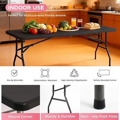 FDW 8FT Folding Table, Portable Fold-in-Half Plastic Picnic Party Table with Carrying Handle (Black, 8FT)