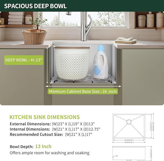23-inch Undermount Laundry Utility Sink - 23x19x13 Extra Deep Stainless Steel Single Bowl Basin with Drain Strainer, Bottom Grid & Drying Unit for Laundry Room, Outdoor, Garage, Kitchen Use