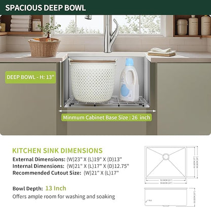 23-inch Undermount Laundry Utility Sink - 23x19x13 Extra Deep Stainless Steel Single Bowl Basin with Drain Strainer, Bottom Grid & Drying Unit for Laundry Room, Outdoor, Garage, Kitchen Use