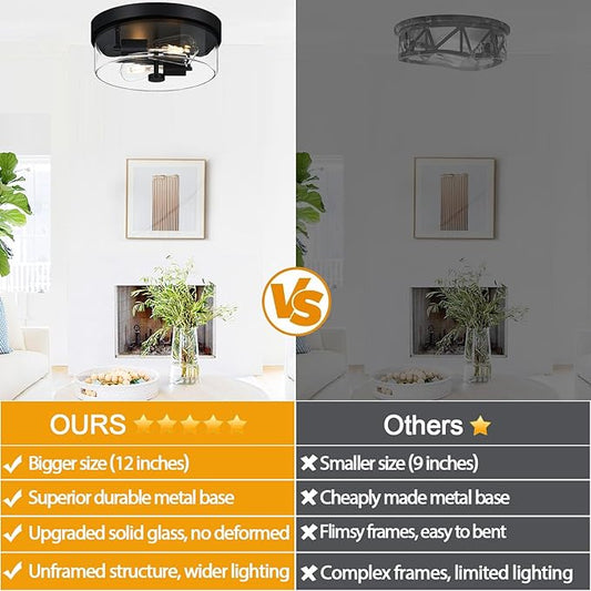 szzgco Flush Mount Ceiling Light Fixtures, 2-Light Black Ceiling Mount for Farmhouse with Clear Glass Lampshade, Industrial Flush Mount Light Fixture for Hallway, Kitchen, Entryway and Foyer