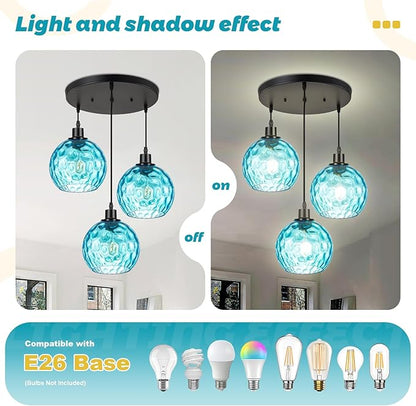 Mid-Century Modern Cluster Pendant Light, 3-Light Adjustable Chandelier with Blue Hammered Glass Globe Shades, Kitchen Island Pendant Lighting for Dining Room, Breakfast Nook, Living Room