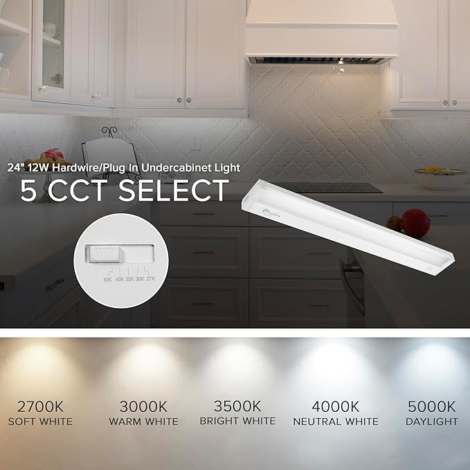 Maxxima 24 in. LED Under Cabinet Lighting, Dimmable, Linkable, Hardwired or Plug & Play, 1025 Lumens, 5 CCT 2700K/3000K/3500K/4000K/5000K, Kitchen Install, On/Off Switch, White