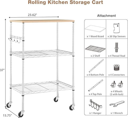 BolDuck 450Lbs Capacity Microwave Cart with Wheels, 3 Tier Rolling Cart with Adjustable Shelves, Multifunctional Metal Utility Storage Kitchen Carts on Wheels, 23.6" L*15.7" W*37" H, Wood+Chrome
