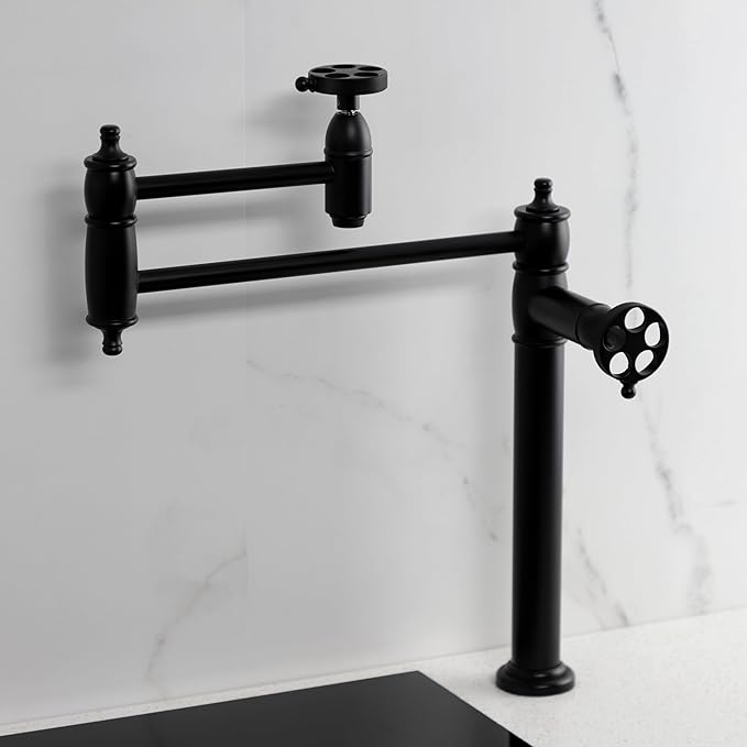 Kingston Brass KS3700RKZ Wendell Two-Handle 1-Hole Deck Mount Pot Filler Faucet with Knurled Handle in Matte Black
