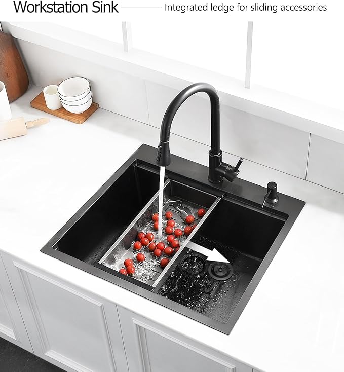 25 Black Drop in Kitchen Sink, Luckyhorse 16 Gauge Nano Black Stainless Steel 25x22 Deep Drop In Workstation Kitchen Sink LH004SB