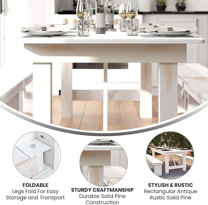 Flash Furniture HERCULES Series 7' x 40" Rectangular Antique Rustic White Solid Pine Folding Farm Table