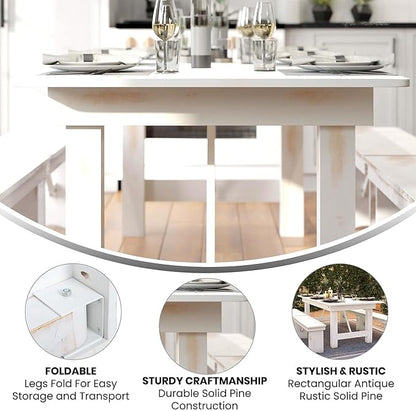 Flash Furniture HERCULES Series 7' x 40" Rectangular Antique Rustic White Solid Pine Folding Farm Table