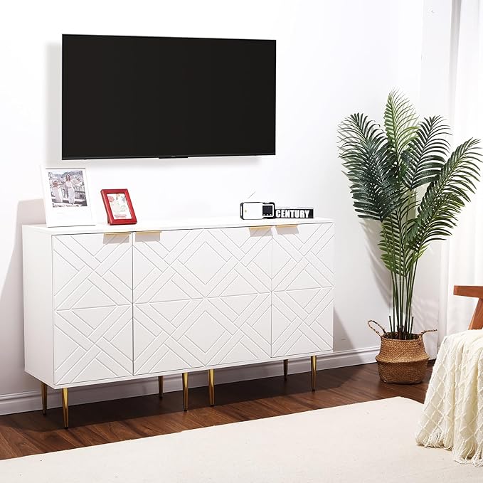 IDEALHOUSE Storage Cabinet, Modern Accent Storage with 2 Decorative Embossed Pattern Doors, Wood Buffet Cabinet with Inner Shelf, White Sideboard Cabinet for Living Room, Entryway, Kitchen, White