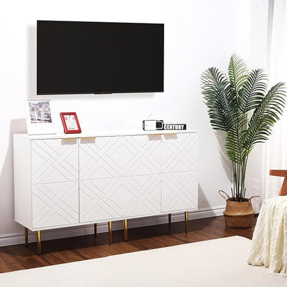IDEALHOUSE Storage Cabinet, Modern Accent Storage with 2 Decorative Embossed Pattern Doors, Wood Buffet Cabinet with Inner Shelf, White Sideboard Cabinet for Living Room, Entryway, Kitchen, White