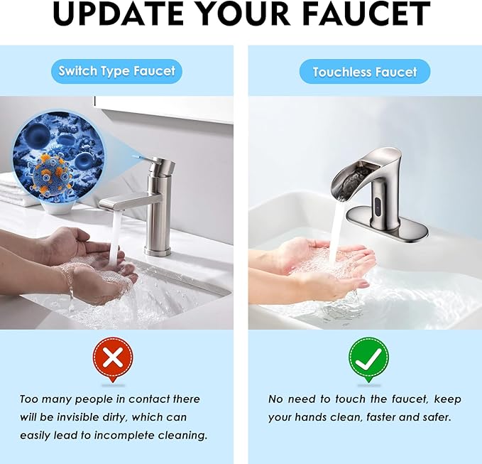 Automatic Sensor Touchless Waterfall Bathroom Sink Faucet, Modern Electronic Sensor Lavatory Faucet, Brushed Nickel Hands Free Vanity Faucets with Control Box and Temperature Mixer