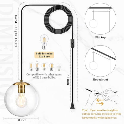 KoKo&Yukina 8" Globe Pendant Light Gold Plug in Pendant Light Adjustable Hanging Lights with Plug in Cord Brushed Gold Finished with Clear Glass Lampshade for Bedroom Kitchen Island（Bulb Included）
