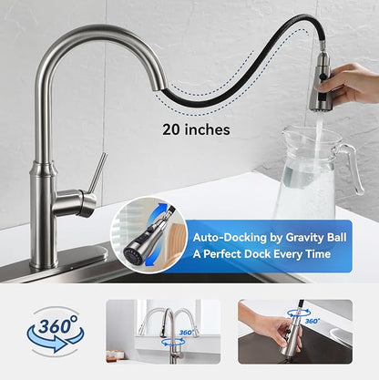 Arofa Kitchen Faucet with Pull Down Sprayer, Brushed Nickel Kitchen Sink Faucet 1-3 Hole Single Handle High Arc Stainless Steel Commercial Modern Kitchen Faucets for RV/Laundry/Outdoor/Bathroom Sink