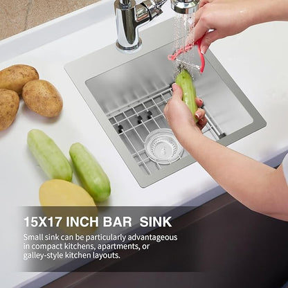 Kitchen & Bar Sink,15x17 Inch Bar Sink Stainless Steel Drop In Small Kitchen Sink Ideal Choice For Small Spaces Topmount Sink With Bottom Grid,Soap Mat And Drain Assembly Serve Both Kitchen And Bar