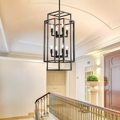 8-Light Tiered Lantern Pendant Light, Black Farmhouse Chandelier, Large Chandeliers for High Ceilings, Modern Foyer Lighting Fixtures, for Dining Room, Living Room, Entryway Staircase