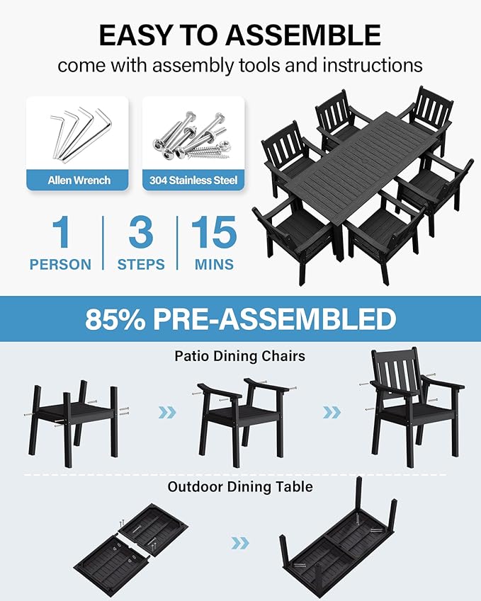 YEFU HIPS Patio Table Set: 7 Piece Outdoor Table and Chairs Patio Furniture Set with Umbrella Hole - Black Modern Plastic Dining Sets 6 Person for Outside Deck with Metal Aluminum Frame