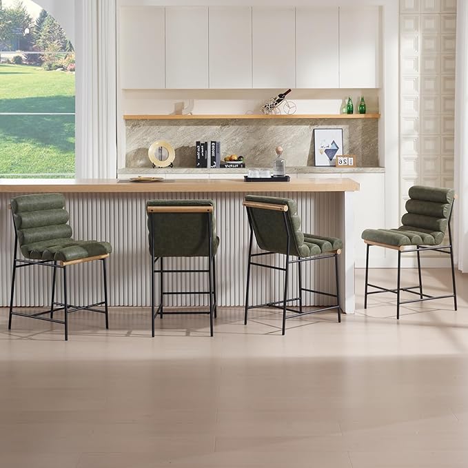 Green Pu Leather Bar stools Set of 4, 25” Modern Upholstered Counter stools with Black Metal Legs, Armless Counter Height Chairs with Channel Tufted Back for Kitchen Island Home Pub