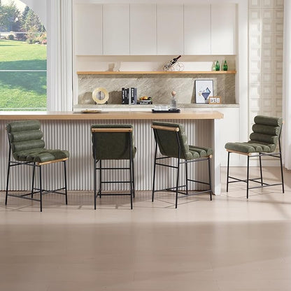 Green Pu Leather Bar stools Set of 4, 25” Modern Upholstered Counter stools with Black Metal Legs, Armless Counter Height Chairs with Channel Tufted Back for Kitchen Island Home Pub