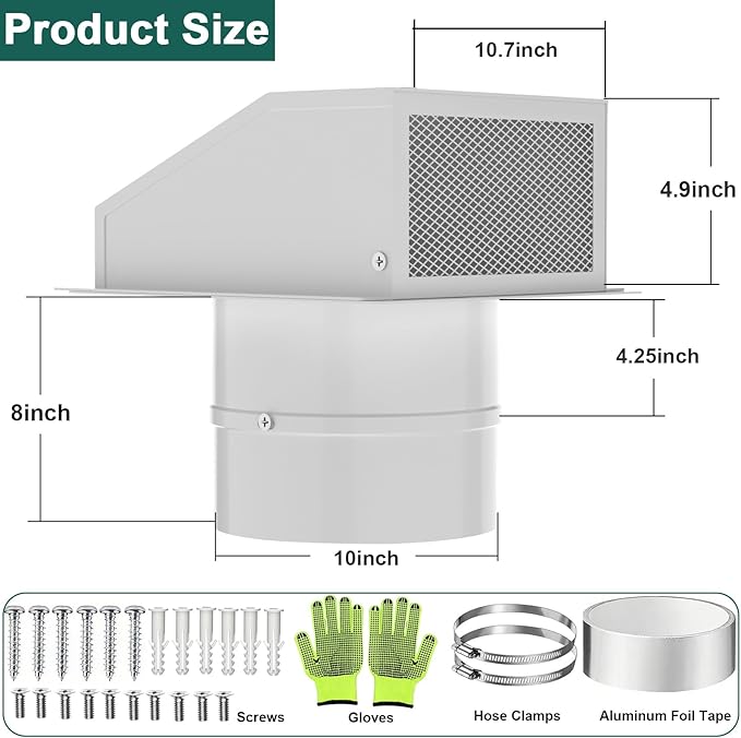 10 inch Wall Vent Cover for Dryer Vent, Outdoor Wall Exhaust Vent Cap Exterior Air Vent Cover with Screen & Damper, External Extractor Wall Vent Hood for Bathroom Fan Range Hood HVAC Duct